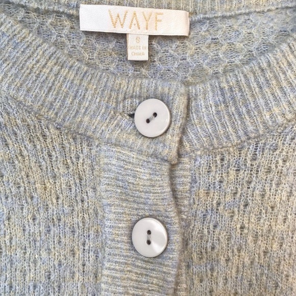 WAYF NWOT Jude Pointelle Puff Shoulder Cropped Heather Blue Gold Cardigan, Sz S - Picture 4 of 10